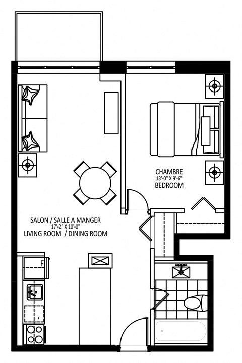 Floor plan for 1 bed, 1 bath, 541 sqft
